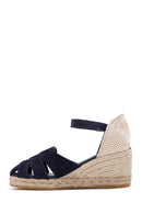 Kadın Lacivert Bilekten Bantlı Dolgu Topuklu Süet Deri Espadril Sandalet