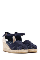 Kadın Lacivert Bilekten Bantlı Dolgu Topuklu Süet Deri Espadril Sandalet