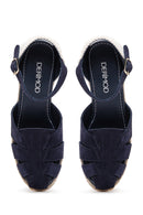 Kadın Lacivert Bilekten Bantlı Dolgu Topuklu Süet Deri Espadril Sandalet