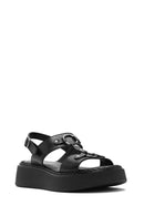 Kadın Siyah Bilekten Tokalı Kalın Tabanlı Deri Comfort Sandalet