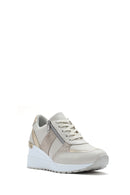 Kadın Bej Dolgu Topuklu Yandan Fermuarlı Deri Sneaker