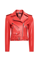 Newage Kadın Kırmızı Slim-fit Biker Deri Ceket