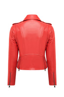 Newage Kadın Kırmızı Slim-fit Biker Deri Ceket