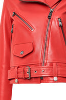 Newage Kadın Kırmızı Slim-fit Biker Deri Ceket