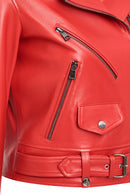 Newage Kadın Kırmızı Slim-fit Biker Deri Ceket