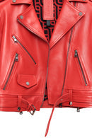 Newage Kadın Kırmızı Slim-fit Biker Deri Ceket