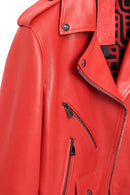 Newage Kadın Kırmızı Slim-fit Biker Deri Ceket