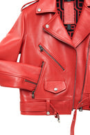 Newage Kadın Kırmızı Slim-fit Biker Deri Ceket