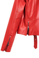 Newage Kadın Kırmızı Slim-fit Biker Deri Ceket