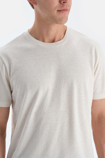 Ekru Bisiklet Yaka Kısa Kollu Örme Keten Tişört