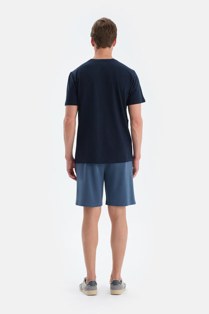 Lacivert Bisiklet Yaka Kısa Kollu Örme Keten Tişört