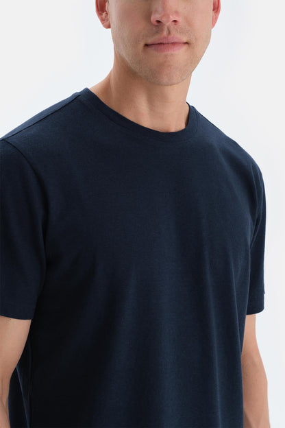 Lacivert Bisiklet Yaka Kısa Kollu Örme Keten Tişört