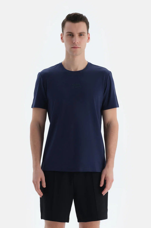 Lacivert Erkek Slogan Baskılı Modal Tişört