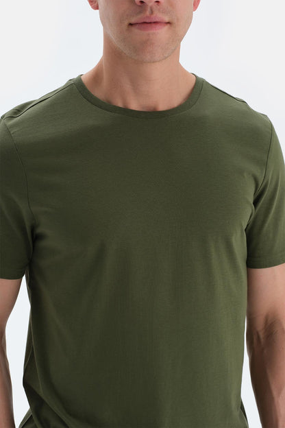 Haki Bisiklet Yaka Ipek Apre Kısa Kollu Tişört