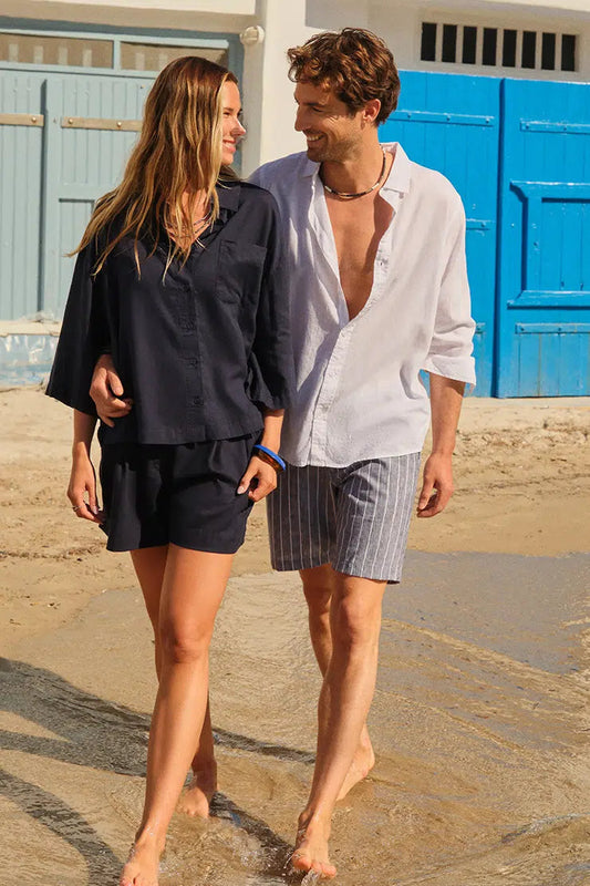 Indigo Çizgili Keten Şort