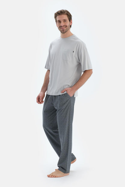Gri Bisiklet Yaka Oversıze Üstlü Pamuk Modal Pijama Takımı