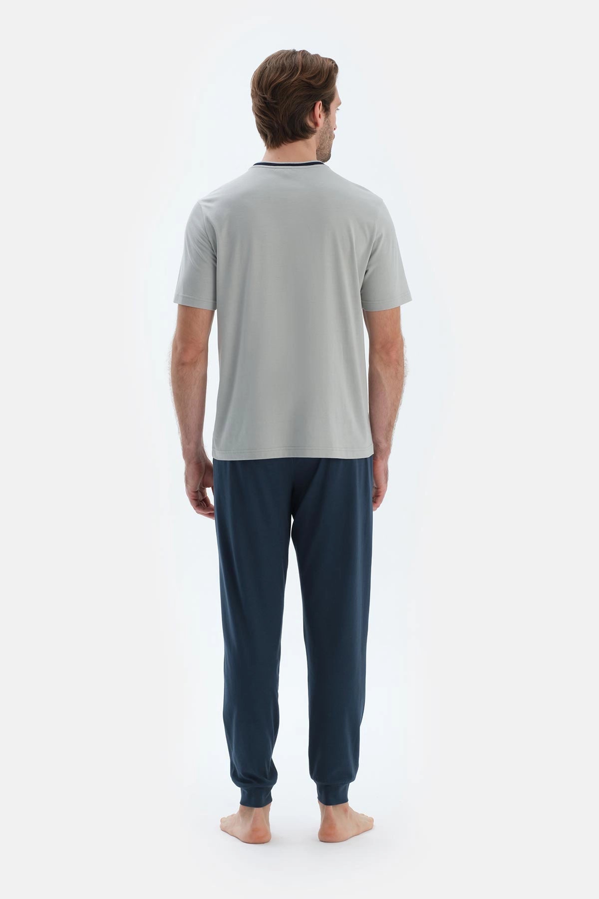 Gri Bisiklet Yaka Kısa Kollu Tişört Jogger Paça Pantolon Basıc Pijama