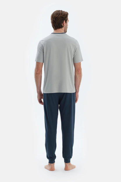 Gri Bisiklet Yaka Kısa Kollu Tişört Jogger Paça Pantolon Basıc Pijama