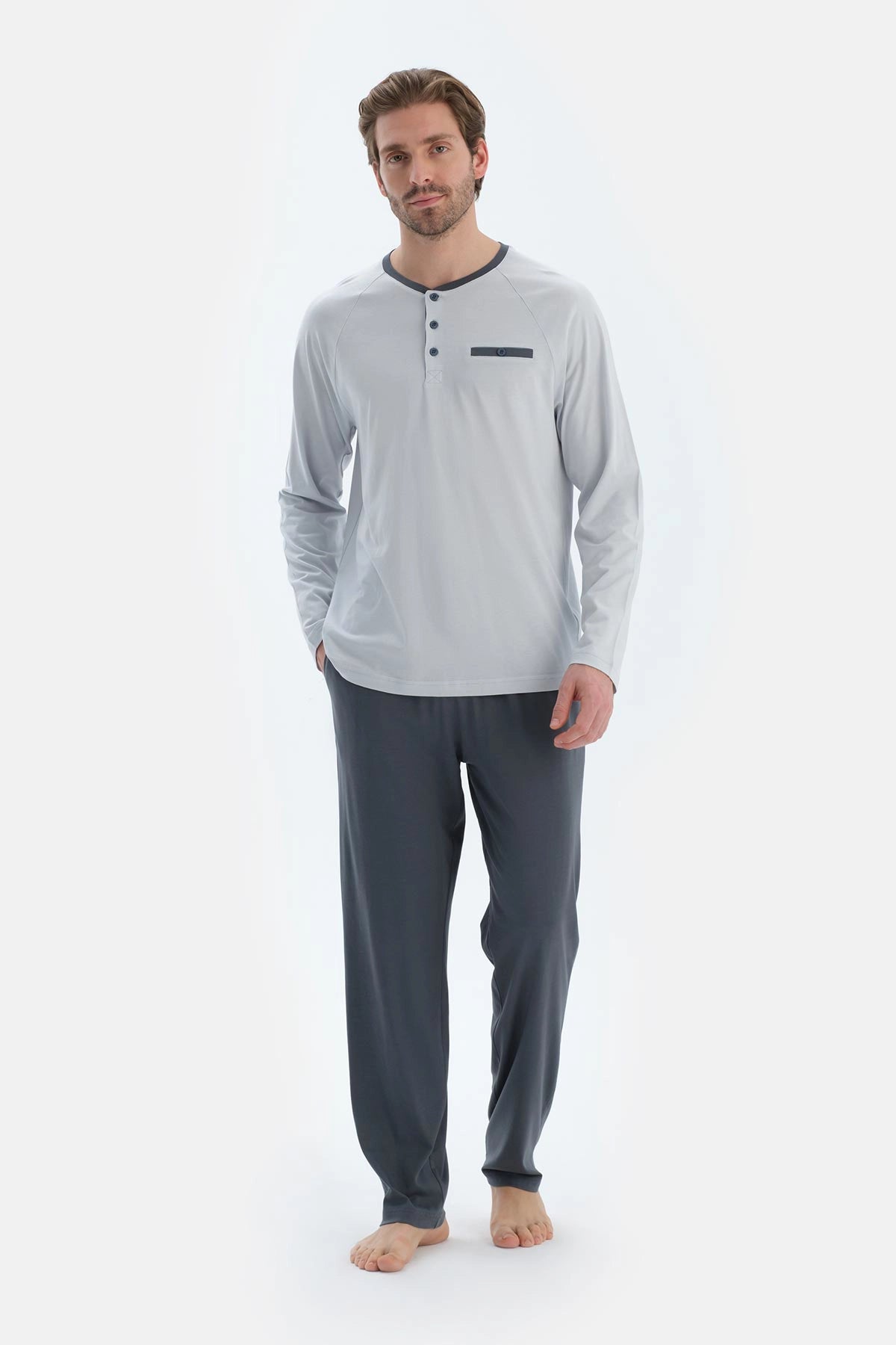 Gri Reglan Uzun Kollu Patlı Basıc Tişört Pantolon Pijama Takımı