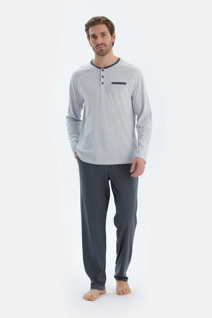 Gri Reglan Uzun Kollu Patlı Basıc Tişört Pantolon Pijama Takımı