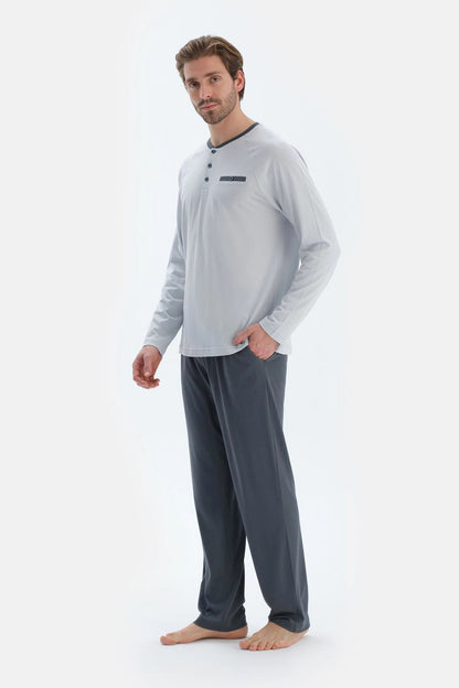 Gri Reglan Uzun Kollu Patlı Basıc Tişört Pantolon Pijama Takımı