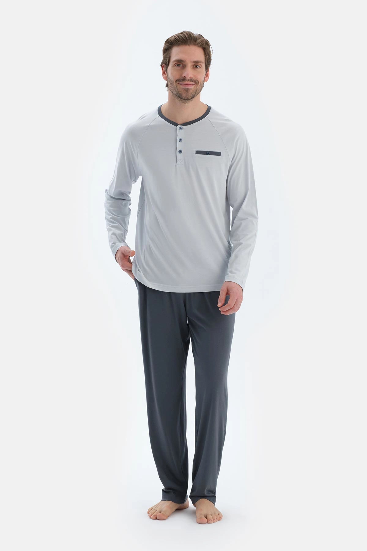 Gri Reglan Uzun Kollu Patlı Basıc Tişört Pantolon Pijama Takımı