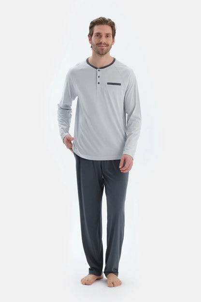 Gri Reglan Uzun Kollu Patlı Basıc Tişört Pantolon Pijama Takımı