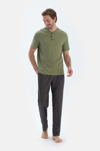 Yağ Yeşili Kısa Kollu Yarım Patlı Tişört Pantolon Pijama Takımı