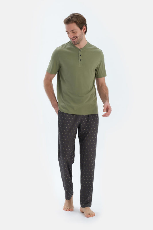 Yağ Yeşili Kısa Kollu Yarım Patlı Tişört Pantolon Pijama Takımı