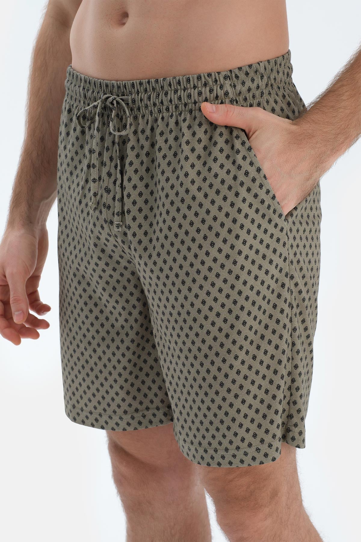Yağ Yeşili Kısa Kollu Yarım Patlı Üçlü Pijama Seti