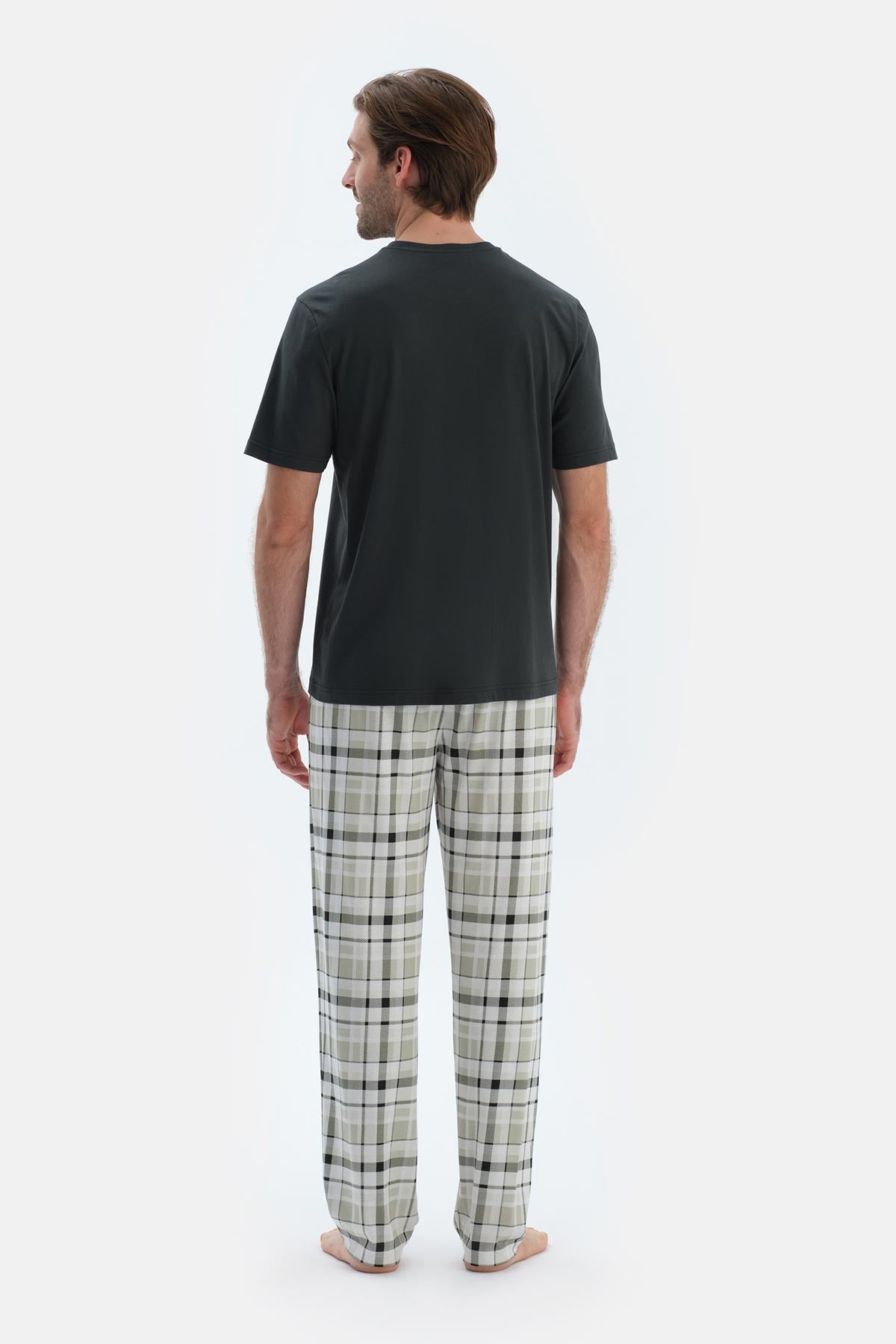 Siyah Kısa Kollu Ekose Pantolonlu Pijama Takımı