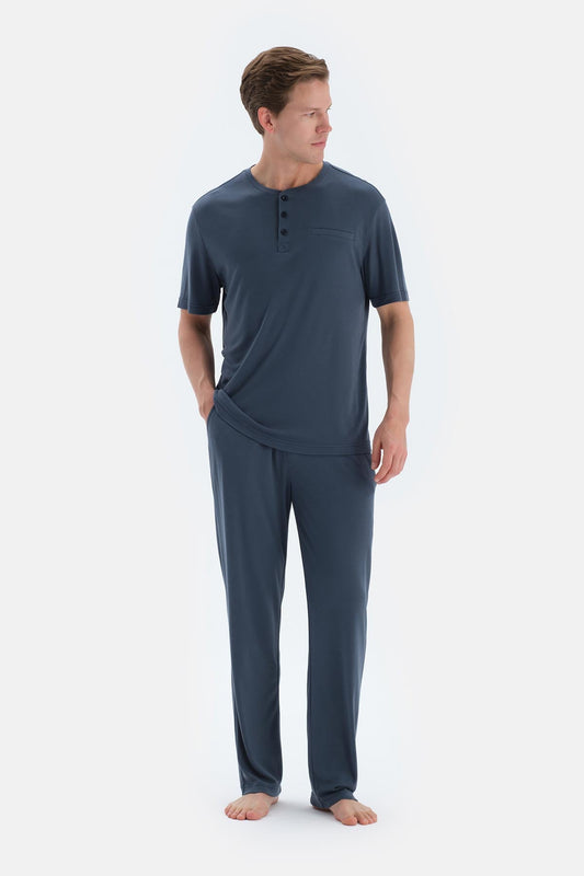 Indigo Pat Ve Fleto Cep Detaylı Tişört Pantolon Pijama Takımı