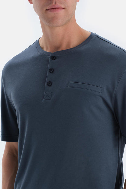 Indigo Pat Ve Fleto Cep Detaylı Tişört Pantolon Pijama Takımı