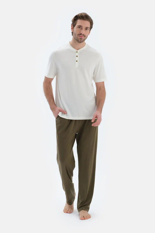 Ekru Kısa Kollu Yarım Patlı Tişört Pantolon Pijama Takımı
