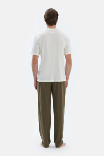 Ekru Kısa Kollu Yarım Patlı Tişört Pantolon Pijama Takımı