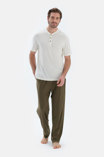 Ekru Kısa Kollu Yarım Patlı Tişört Pantolon Pijama Takımı