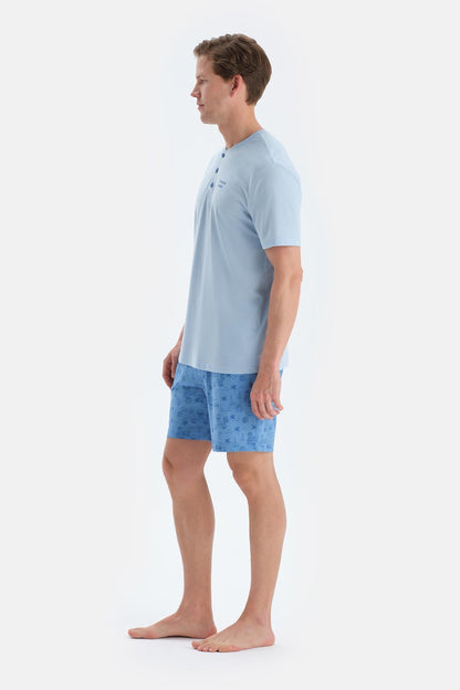 Mavi Baskı Detaylı Kısa Kollu Tişört Şort Pijama Takımı