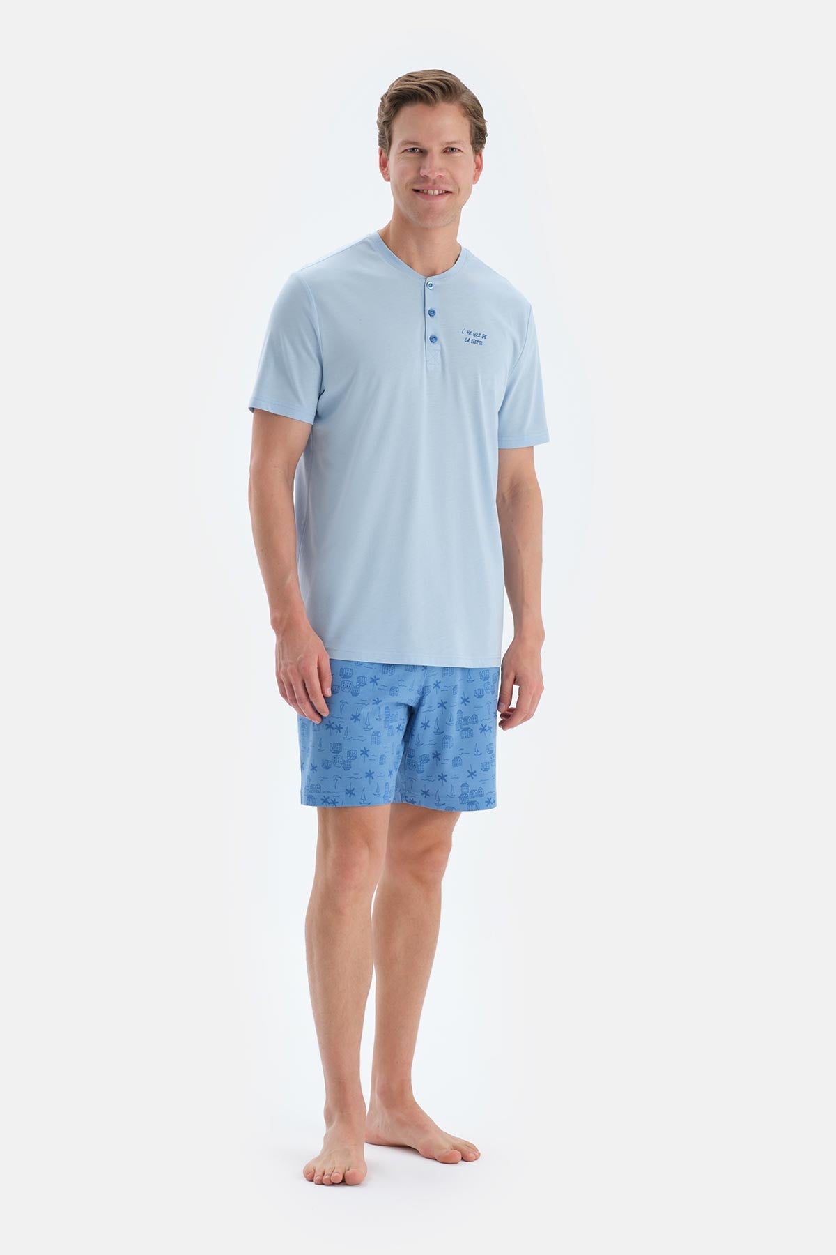 Mavi Baskı Detaylı Kısa Kollu Tişört Şort Pijama Takımı