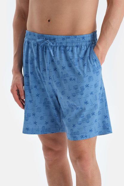 Mavi Baskı Detaylı Kısa Kollu Tişört Şort Pijama Takımı