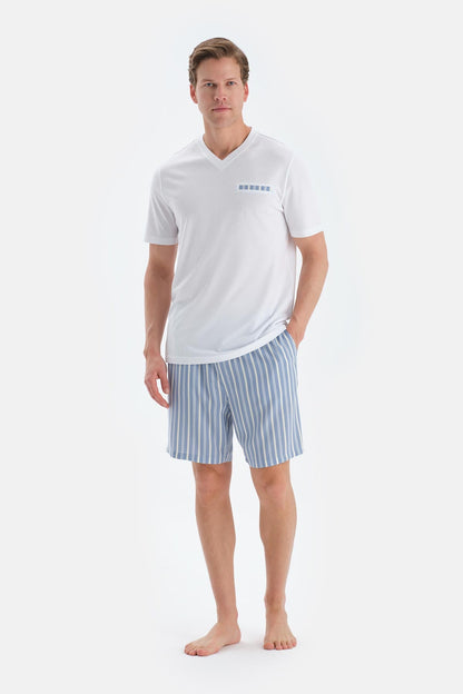 Ekru V Yaka Fleto Cep Detaylı Tişört Şort Pijama Takımı