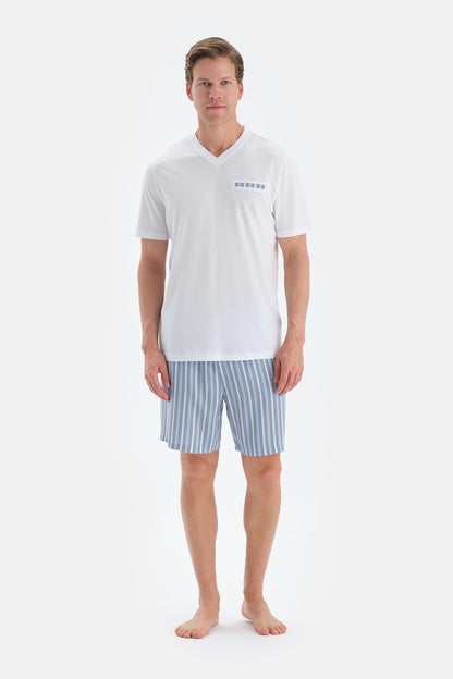 Ekru V Yaka Fleto Cep Detaylı Tişört Şort Pijama Takımı