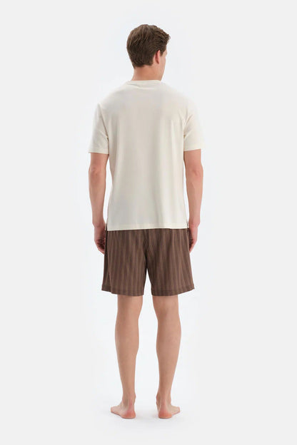 Ekru Cep Detaylı Kısa Kollu Tişört Şort Pijama Takımı