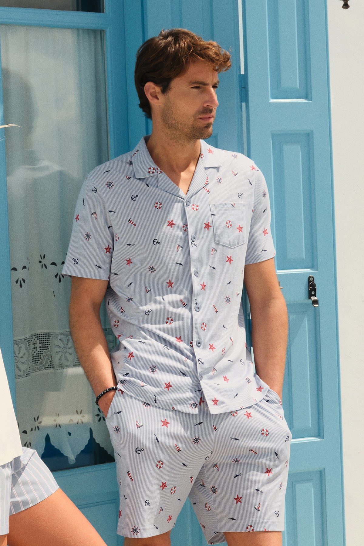 Açık Mavi Metraj Baskılı Gömlek Şort Pijama Takımı