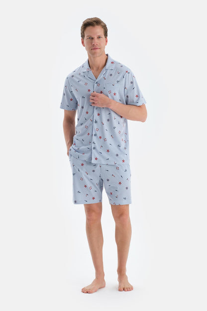 Açık Mavi Metraj Baskılı Gömlek Şort Pijama Takımı