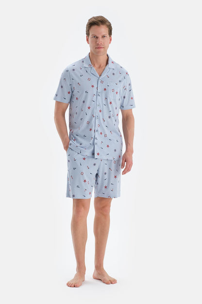 Açık Mavi Metraj Baskılı Gömlek Şort Pijama Takımı
