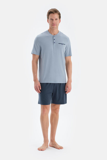 Mavi Pat Ve Fleto Cep Detaylı Tişört Şort Pijama Takımı