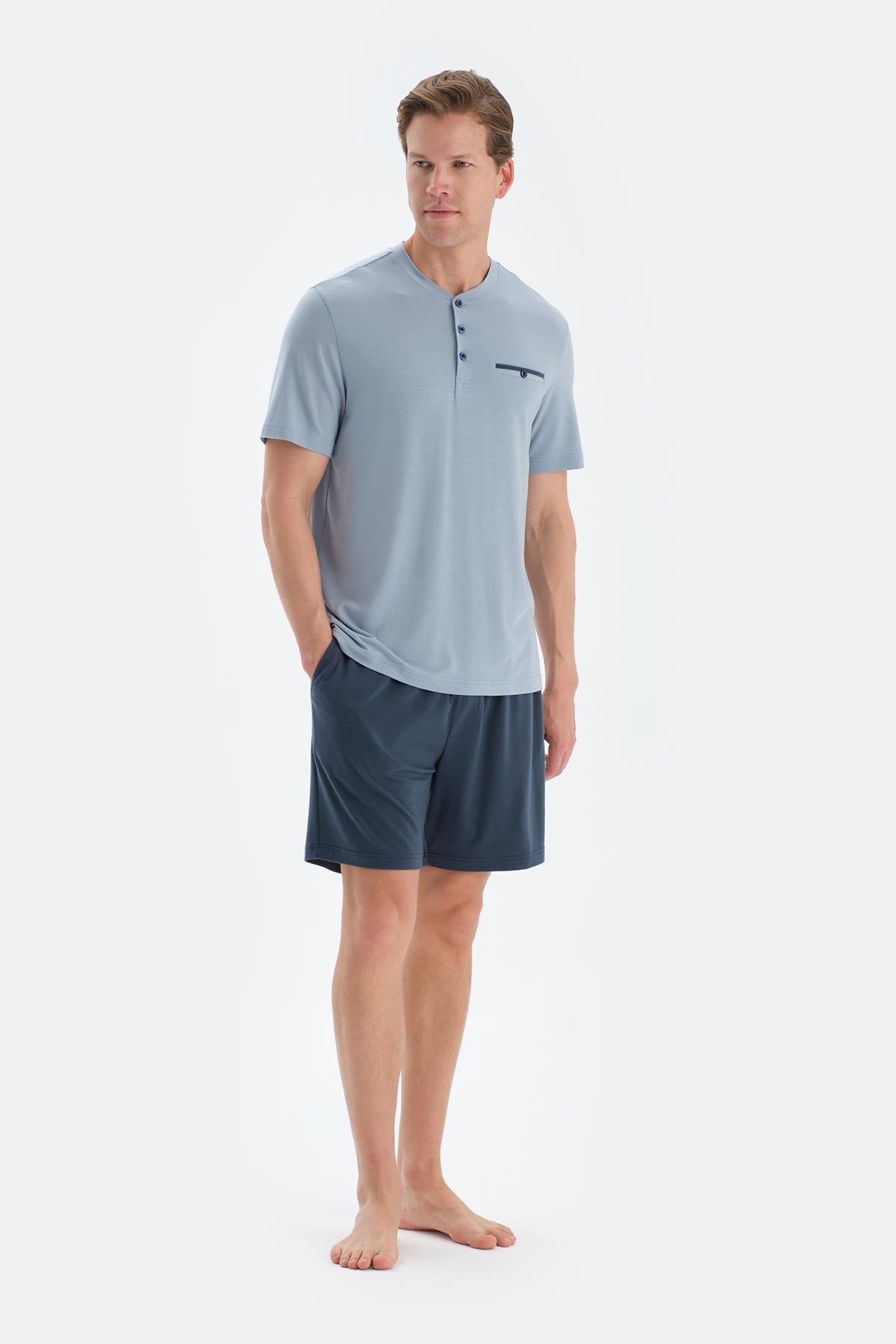 Mavi Pat Ve Fleto Cep Detaylı Tişört Şort Pijama Takımı