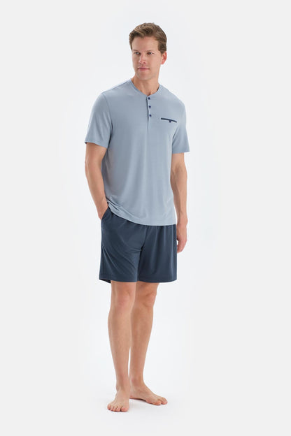 Mavi Pat Ve Fleto Cep Detaylı Tişört Şort Pijama Takımı