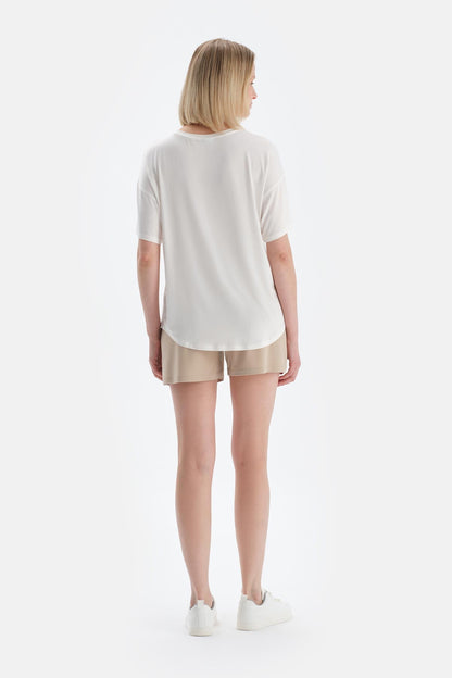 Ekru Bisiklet Yaka Kısa Kollu Modal Tişört