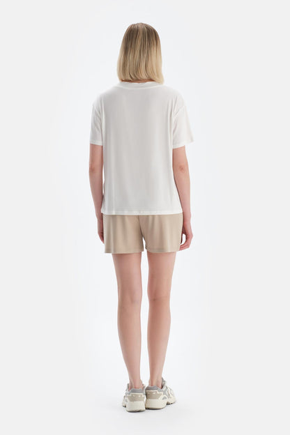 Ekru V Yaka Kısa Kollu Modal Tişört